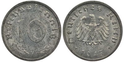 Германия 10 рейхспфеннигов 1947 F, оккупация Германии союзными войсками J. 375, KM A104 цинк UNC 4127-1224