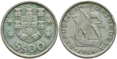 ПОРТУГАЛИЯ 5 ЭСКУДО 1964 ПАРУСНИК KM 591 медно-никель 4388-456