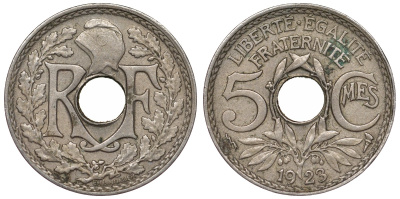 Франция 5 сантимов 1923 Пуасси KM 875, Le Franc 122.7 медно-никель 4124-323