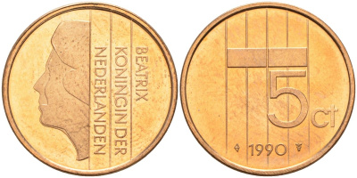 Нидерланды 5 центов 1990 Беатрикс (1980-2013) KM 202 бронза UNC 4116-246
