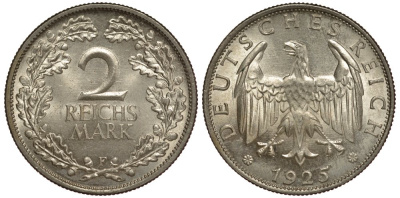 Германия 2 рейхсмарки 1925 F J. 320, KM 45 серебро  aUNC  413-2714