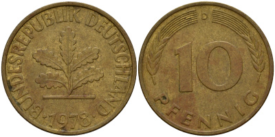 ФРГ 10 пфеннигов 1978 D J. 383, KM 108 сталь плакированная латунью    4603-436