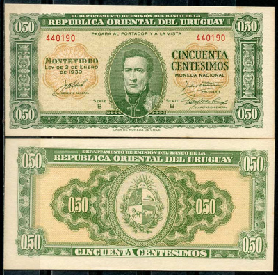 Уругвай 50 сентесимо 1939 Хосе Хервасио Артигас, серия B Pick 34  бумага  UNC (пресс) 447-116-1