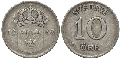 Швеция 10 эре 1930 G, Густав V (1907-1950) KM 780 серебро 4179-615