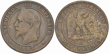 ФРАНЦИЯ 10 САНТИМОВ 1863 A, НАПОЛЕОН III (1852-1870) KM 798.1, LE FRANC 134.8 бронза 4394-1113
