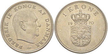 ДАНИЯ 1 КРОНА 1970 C;S, ФРЕДЕРИК IX (1947-1972) KM 851.1 медно-никель 202-822