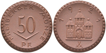 Фрайберг 50 пфеннигов 1921  Men05 8084.7, Men05 8084.8, Men22.2 10080 фарфор     1078-2-13