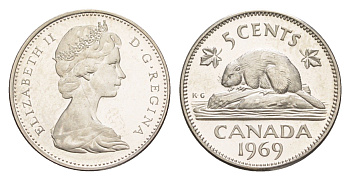 Канада 5 центов 1969 Елизавета II (1952-2022), бобр KM 60.1 никель PROOF 4639-454