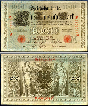 Германия 1000 марок 1910 21 апреля 1910, красная печать, номер семизначный, серия G, буква M, выпуск АПРЕЛЬ - ИЮЛЬ 1918 Pick 44 b бумага 2194-32-2-1