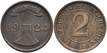 Германия 2 рентенпфеннига 1924 A KM 31 бронза 4392-114