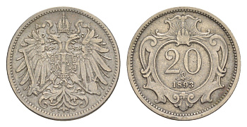 Австрия 20 геллеров 1893 Франц Иосиф I (1848-1916) KM 2803 никель 4639-1049