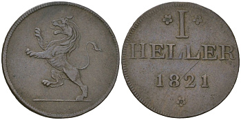 Франкфурт 1 геллер (юденпфенниг) 1821 KM Tn12, JuF 2003 медь 4547-368