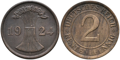 Германия 2 рентенпфеннига 1924 A KM 31 бронза 4392-114