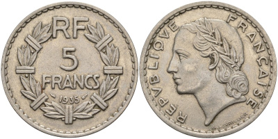 Франция 5 франков 1935 KM 888 никель 4144-425