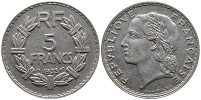 ФРАНЦИЯ 5 ФРАНКОВ 1933 KM 888 никель 63-1241