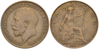 Великобритания 1 фартинг 1921 Георг V (1910-1936) KM 808.2, Spink 4060 бронза 4543-1022
