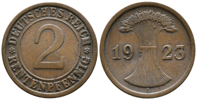 ГЕРМАНИЯ 2 РЕНТЕНПФЕННИГА 1923 A KM 31, J. 307 бронза 24-347