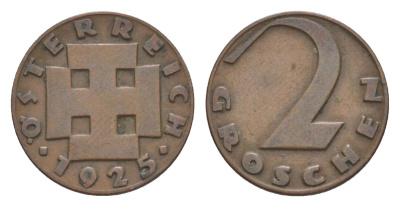 Австрия 2 гроша 1925 KM 2837 бронза 4636-141