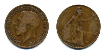 Великобритания 1 пенни 1921 Георг V (1910-1936) KM 810, Spink 4051 бронза 47-635