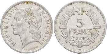 Франция 5 франков 1949 В, тип Лаврийе KM 888b.2, LE FRANC 339.19 алюминий 189-245