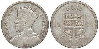 Фиджи 1 флорин 1934 Георг V (1910-1936), герб Фиджи KM 5 серебро    91-1111