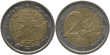 Италия 2 евро 2005 R, Данте KM 217 биметалл 4573-1257