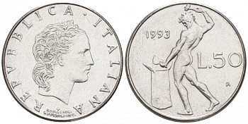 ИТАЛИЯ 50 ЛИР 1993 R КУЗНЕЦ KM 95.2 сталь 187-152
