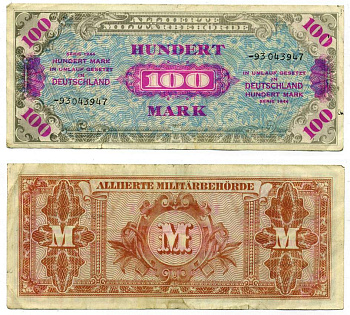 Германия, оккупация союзниками 100 марок 1944 8 цифр, без кода, выпуск СССР Pick 197 d, Розенберг 206 d бумага 8612-32-1-1