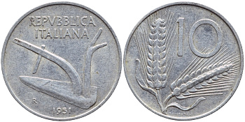 ИТАЛИЯ 10 ЛИР 1951 R, ПЛУГ KM 93 алюминий 4397-637