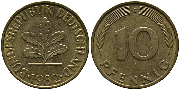 ФРГ 10 ПФЕННИГОВ 1982 G KM 108, J.383 сталь плакированная латунью 33-151