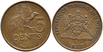 Тринидад и Тобаго 5 центов 1977 райская птица KM 30 бронза 4398-121
