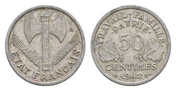 Франция 50 сантимов 1942 Тип Francisque, Lourde, правительство Виши KM 914.1, Le Franc 195.2 алюминий 4630-413