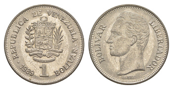 Венесуэла 1 боливар 1989 Симон Боливар, тонкий шрифт Y 52a.1 сталь плакированная никелем 4589-1137