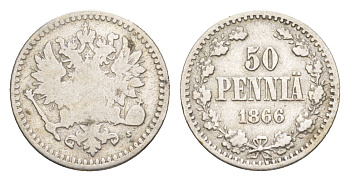 Россия для Финляндии 50 пенни 1866 S, Александр II (1855-1881) Биткин 634 серебро 1530-931