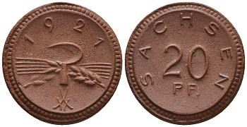 Саксония 20 пфеннигов 1921 колосья и серп J. N 53 фарфор UNC 1094-9-21