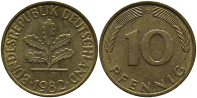 ФРГ 10 ПФЕННИГОВ 1982 G KM 108, J.383 сталь плакированная латунью 33-151