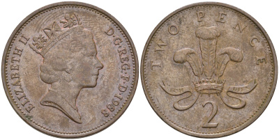 Великобритания 2 пенса 1988 Елизавета II (1952-2022) KM 936, Spink 4376 (C3) бронза    4187-532