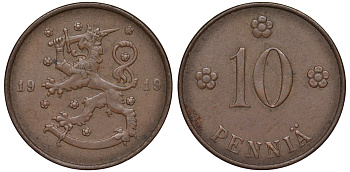 Финляндия 10 пенни 1919 KM 24 медь 45-428