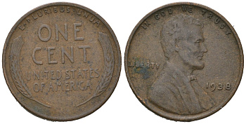 США 1 цент 1938 Авраам Линкольн  KM 132 бронза 211-822