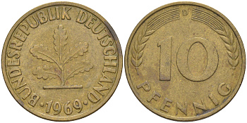 ФРГ 10 пфеннигов 1969 D KM 108, J. 383 сталь плакированная латунью 54-1646