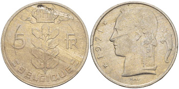 БЕЛЬГИЯ 5 ФРАНКОВ 1971 BELGIQUE, БОДУЭН I (1951-1993) KM 134.1 медно-никель 4546-322