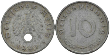 ГЕРМАНИЯ 10 РЕЙХСПФЕННИГОВ 1941 А KM 101, J. 371 цинк 210-734