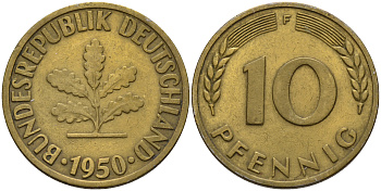 ФРГ 10 пфеннигов 1950 F KM 108, J. 383 сталь плакированная латунью    4601-1225