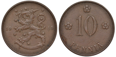 Финляндия 10 пенни 1919 KM 24 медь 45-428