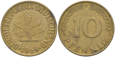 ФРГ 10 пфеннигов 1969 D KM 108, J. 383 сталь плакированная латунью 54-1646
