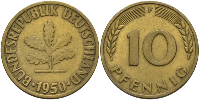 ФРГ 10 пфеннигов 1950 F KM 108, J. 383 сталь плакированная латунью    4601-1225
