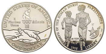 США 1 доллар 1995 P, X летние Паралимпийские Игры, Атланта 1996 - Бег KM 259 серебро PROOF 11-263-21