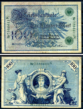 Германия 100 марок 1908 7 февраля 1908, выпуск конец 1916 - ноябрь 1918, зеленая печать Pick 34 бумага 8619-34-1-1