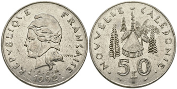 Французская Новая Каледония 50 франков 1992 хижина среди сосен и пальм, (IEOM) KM 13, Schoen 15, Lec 121 никель 111-532
