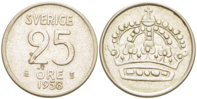 Швеция 25 эре 1958 TS, Густав VI Адольф (1950-1973) KM 824 серебро 4516-455